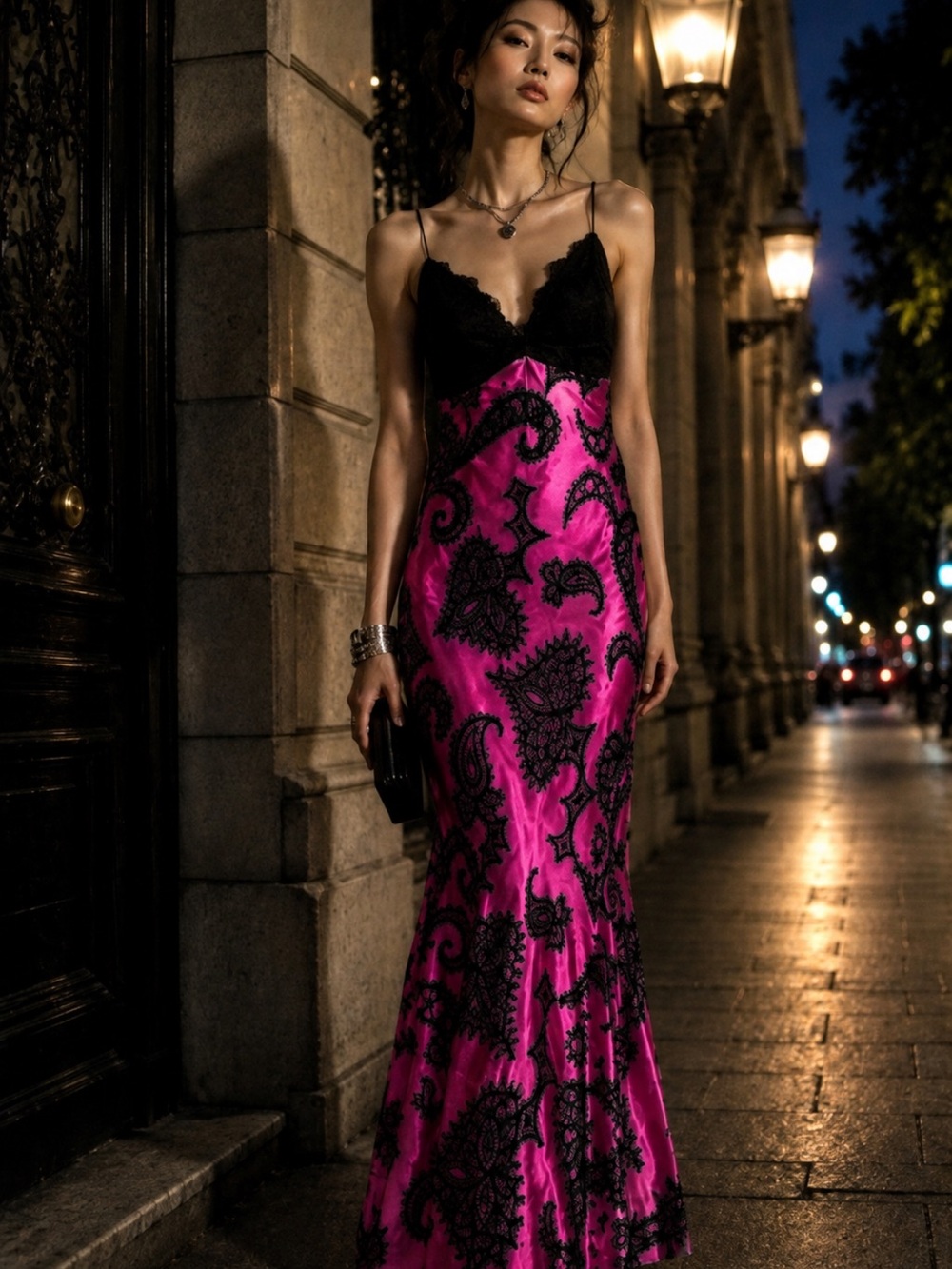 Vintage Y2K Mary L Couture Silk Pink Paisley Mermaid Maxi Dress Size 8